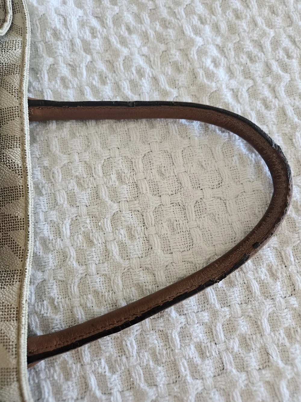 Michael Kors Beige Logo Tote with Brown Leather Handles and Gold Hardware